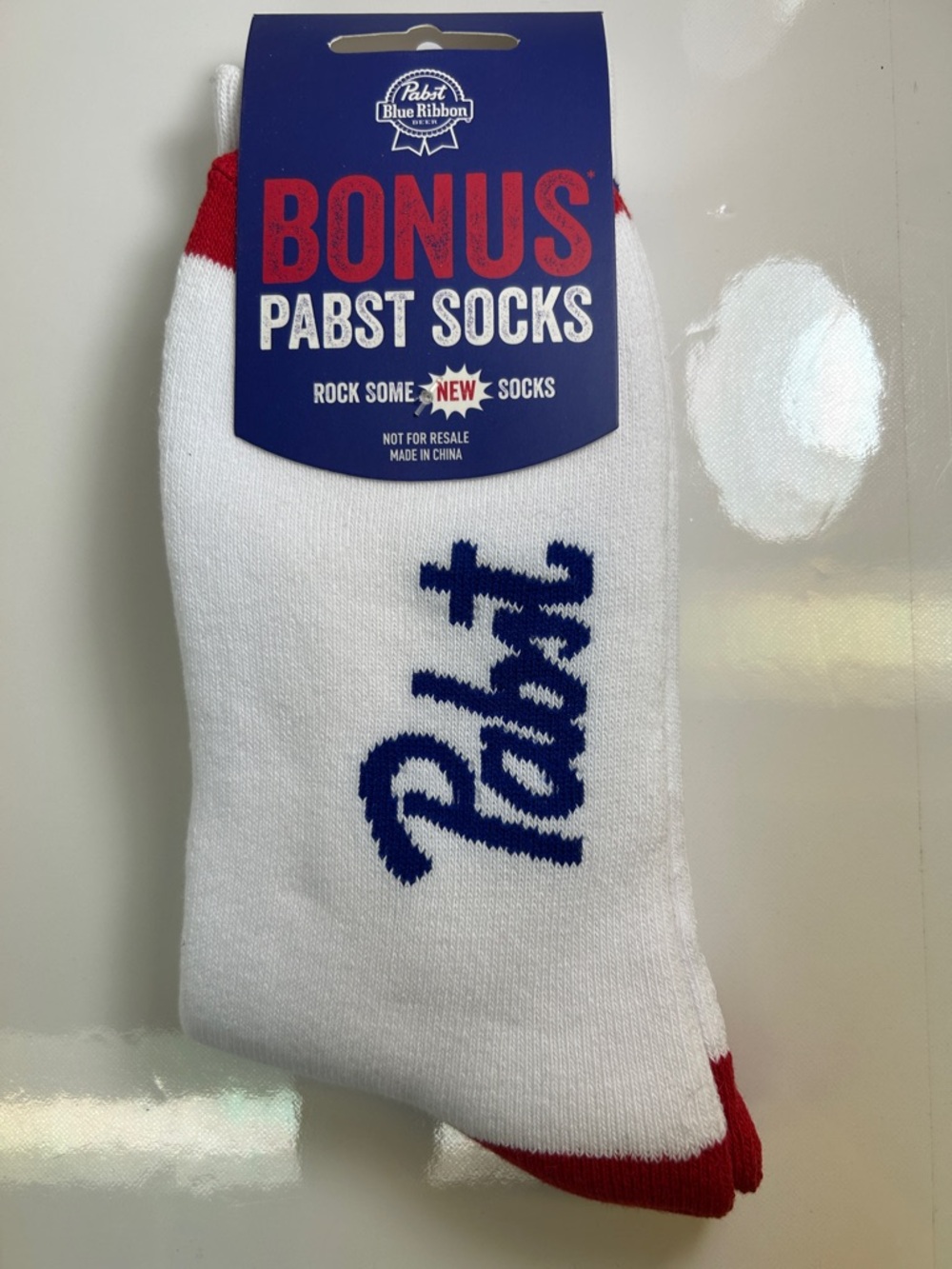 Pabst Blue Ribbon White Athletic Socks with Red Toe and Blue‎ Stripes